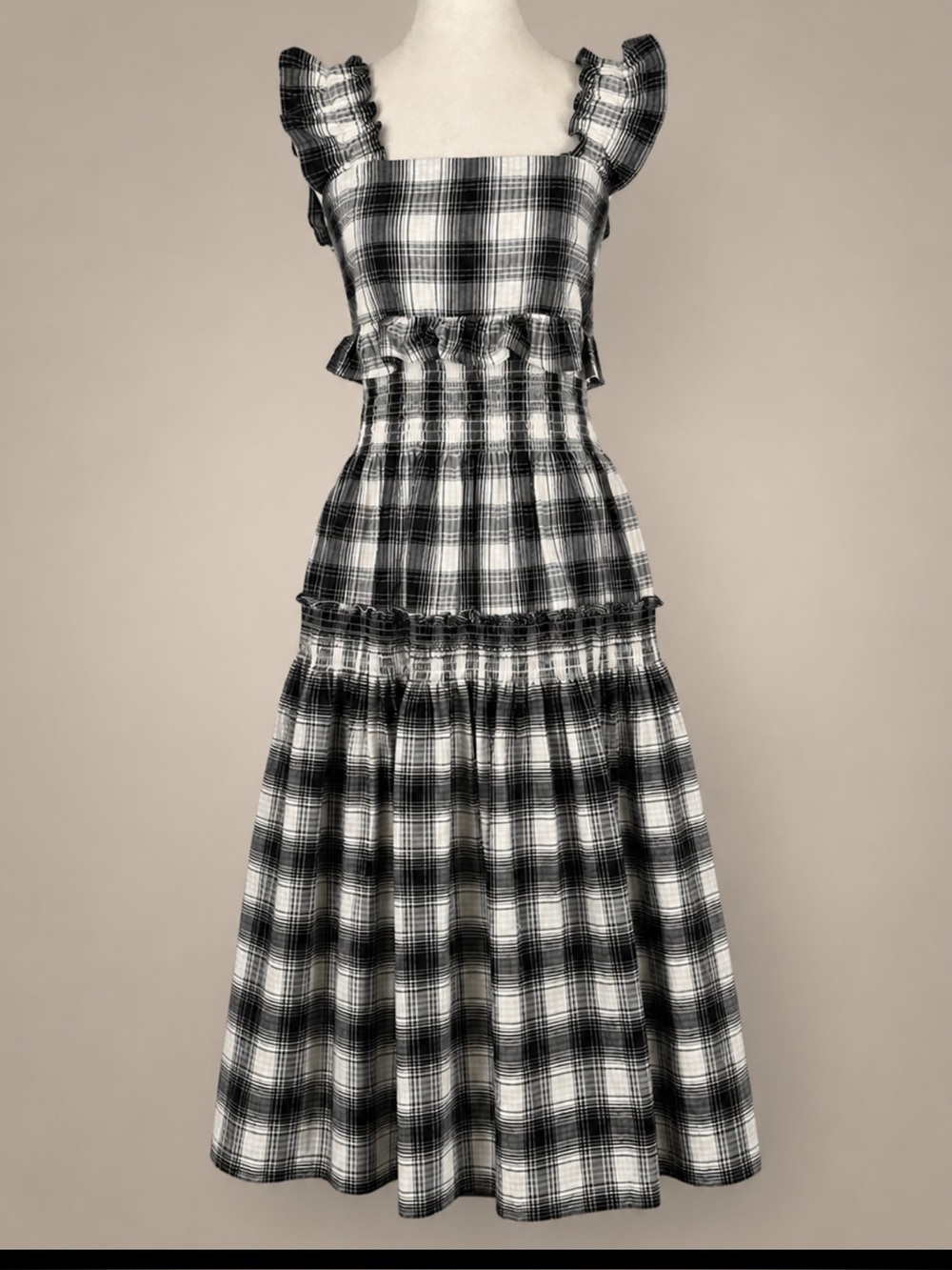BB Dakota by Steve Madden Plaid Smocked Midi Dress XS Black White Ruffle Cottage